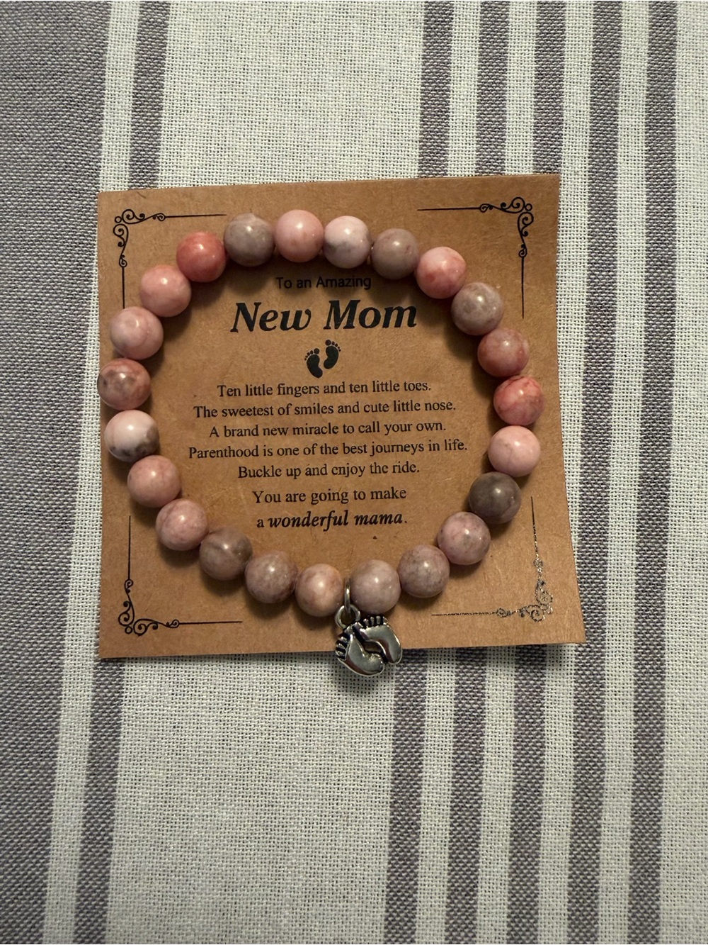 New Mom Pink Beaded Stretch Bracelet with Footprint Charm